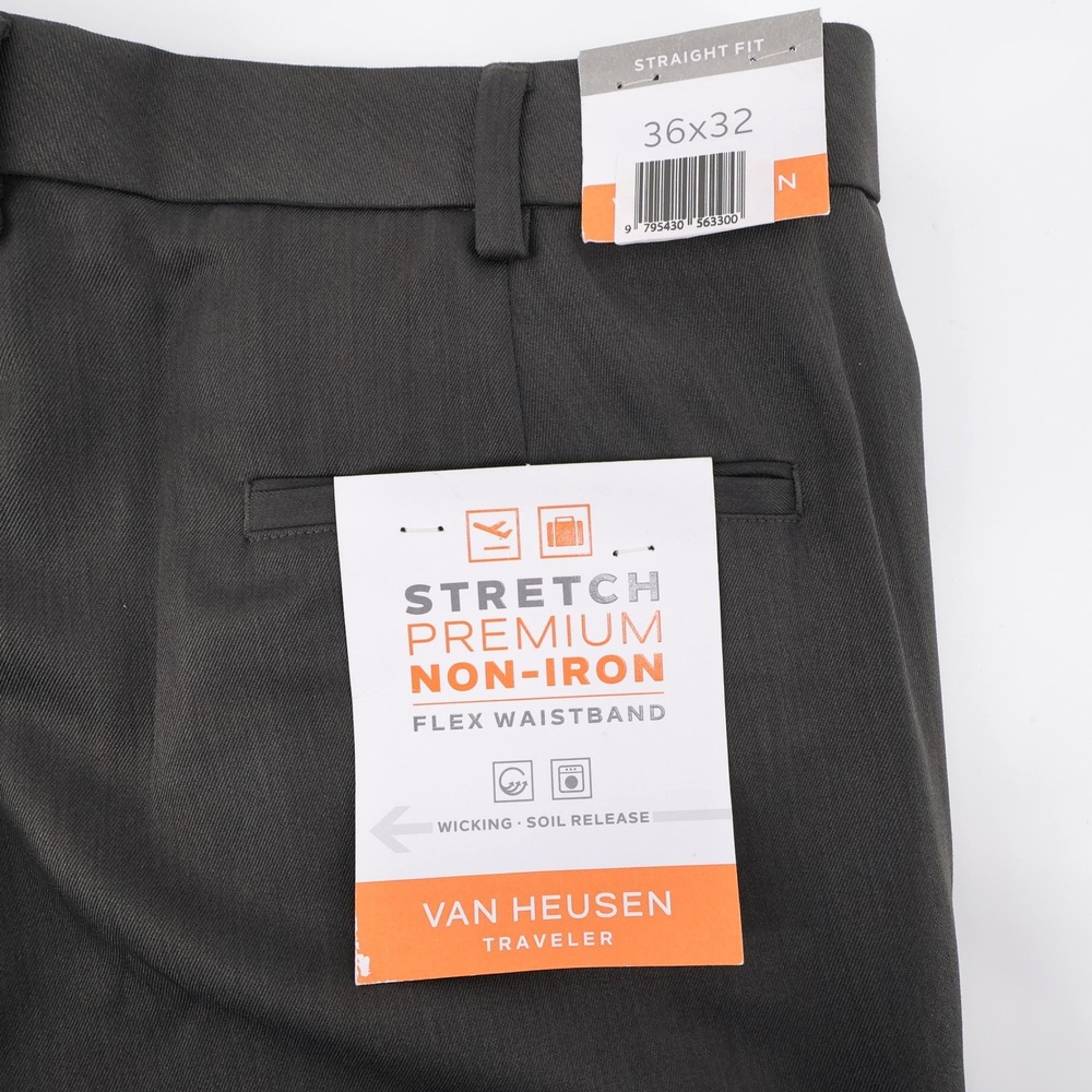 NEW Van Heusen Traveler Straight Fit Non-Iron Pants Dark Charcoal Mens 36x32